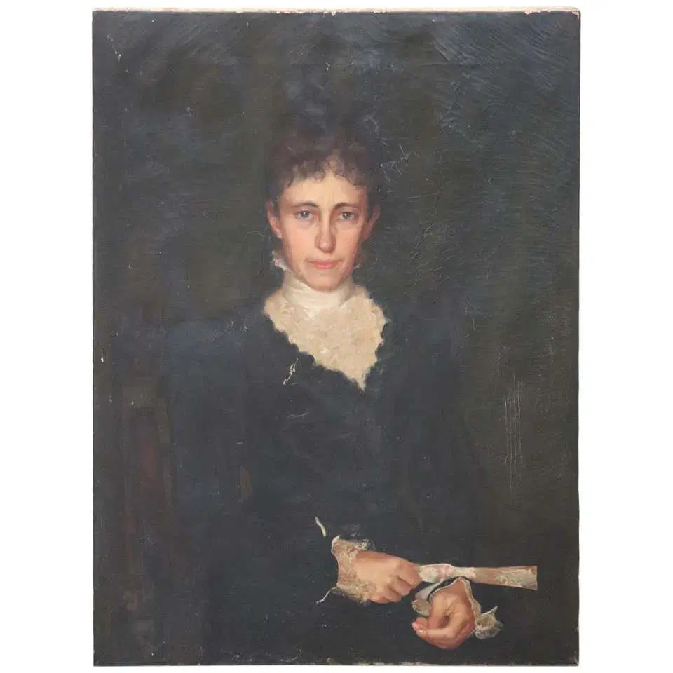 Dipinto antico olio su tela ritratto di donna con ventaglio inizi sec XX